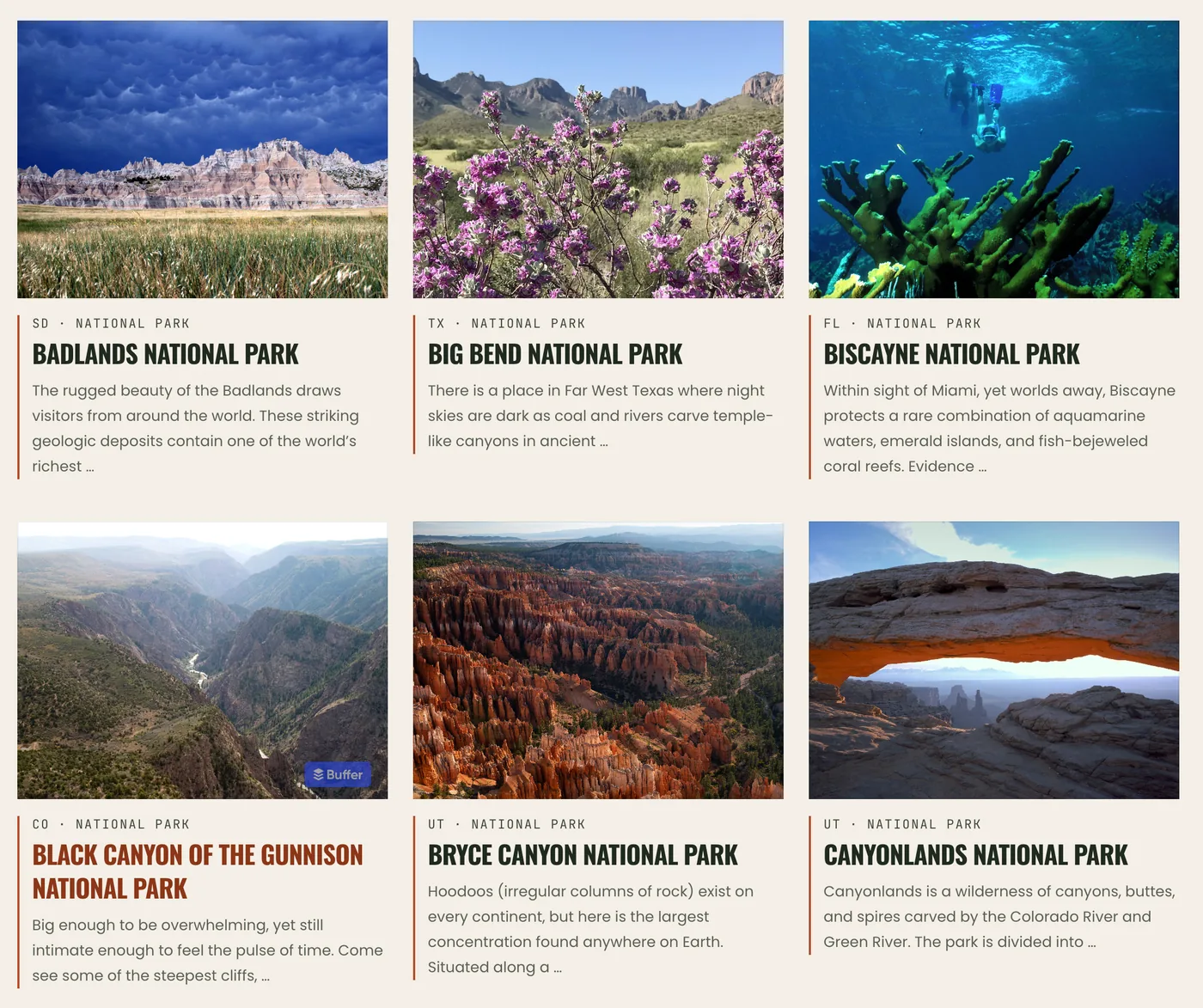 Search Destinations: national parks including Badlands, Big Bend, Biscayne, Black Canyon of the Gunnison, Bryce Canyon, and Canyonlands