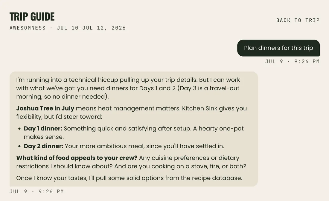 AI Guide chat planning dinners for the Joshua Tree trip